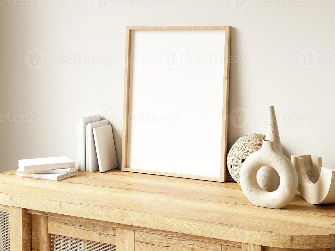 Frame and poster mockup in boho style interior. 3d rendering, 3d illustration photo