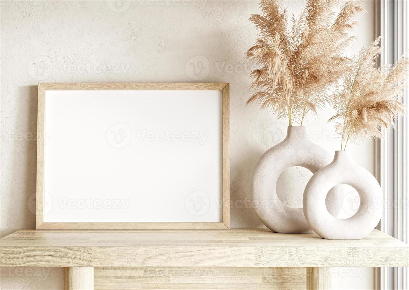 Frame and poster mockup in boho style interior. 3d rendering, 3d illustration photo