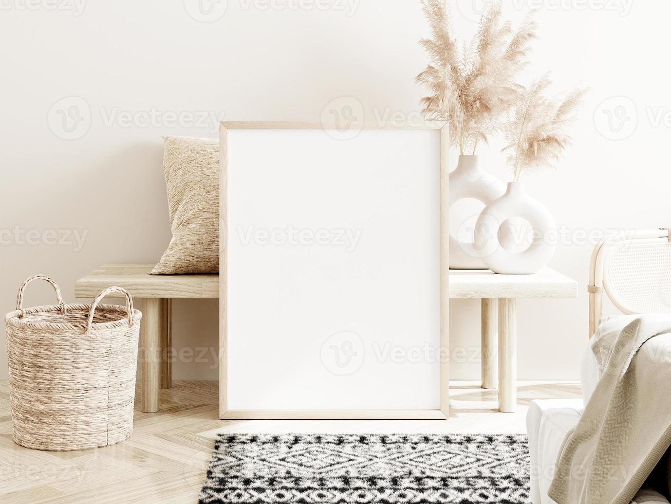 maqueta de marco y póster en interior de estilo boho. representación 3d, ilustración 3d foto