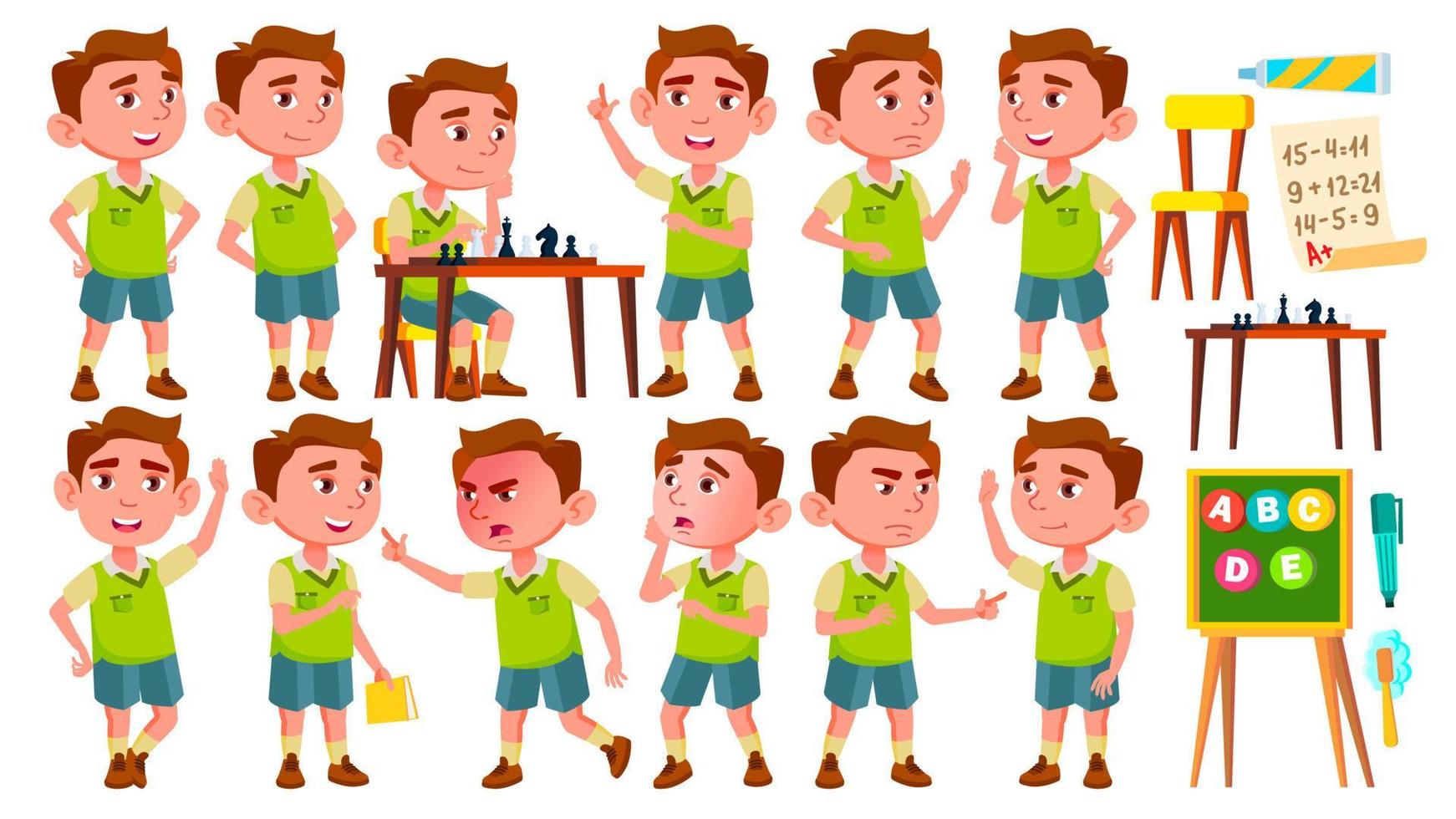 Boy Kindergarten Kid Poses Set Vector. Preschool. Young Person. Cheerful. For Web, Brochure, Poster Design. Isolated Cartoon Illustration vector