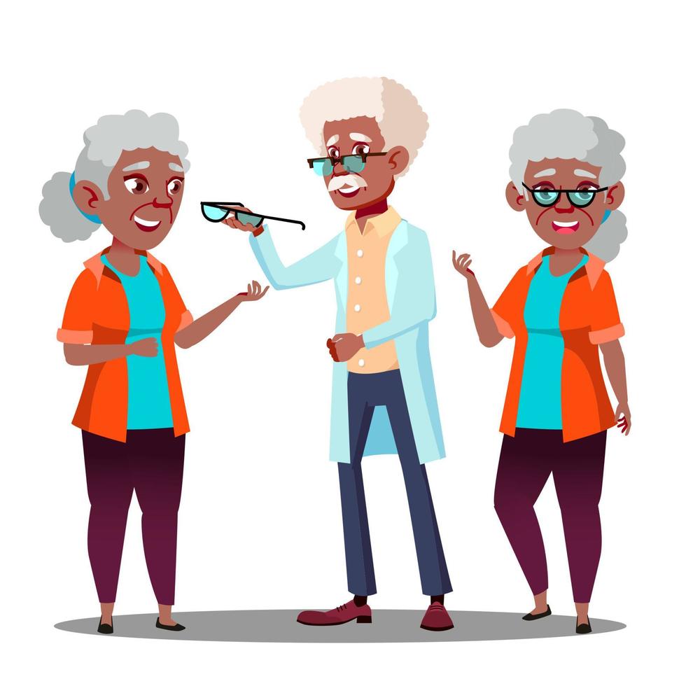 Black Afro American Oculist Doctor Giving Glasses To Old Woman Patient With Vision Problem Vector. Isolated Cartoon Illustration vector