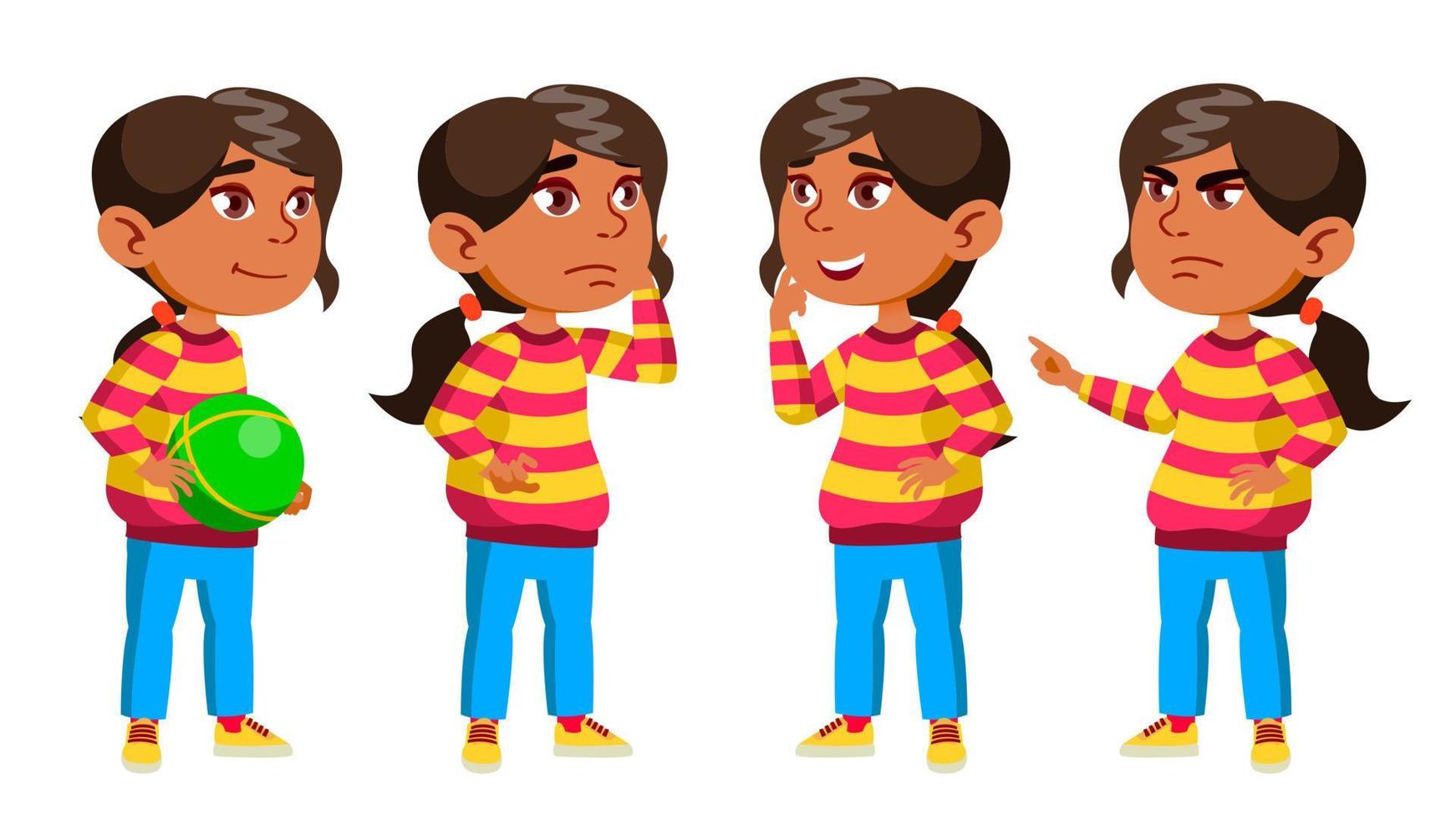 Arab, Muslim Girl Kindergarten Kid Poses Set Vector. Preschool. Young Person. Cheerful. For Web, Brochure, Poster Design. Isolated Cartoon Illustration vector