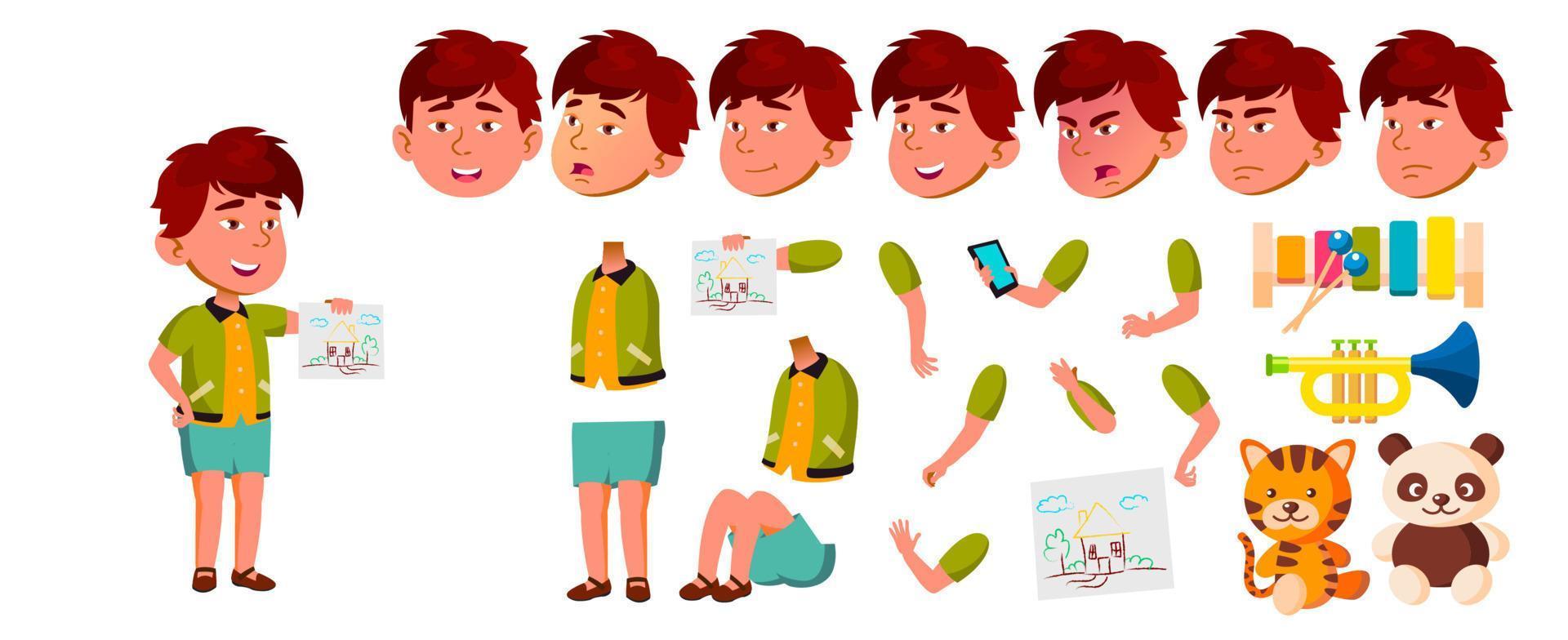 Asian Boy Kindergarten Kid Vector. Animation Creation Set. Face Emotions, Gestures. Playful Positive Small Baby. For Web, Poster, Booklet Design. Animated. Isolated Cartoon Illustration vector