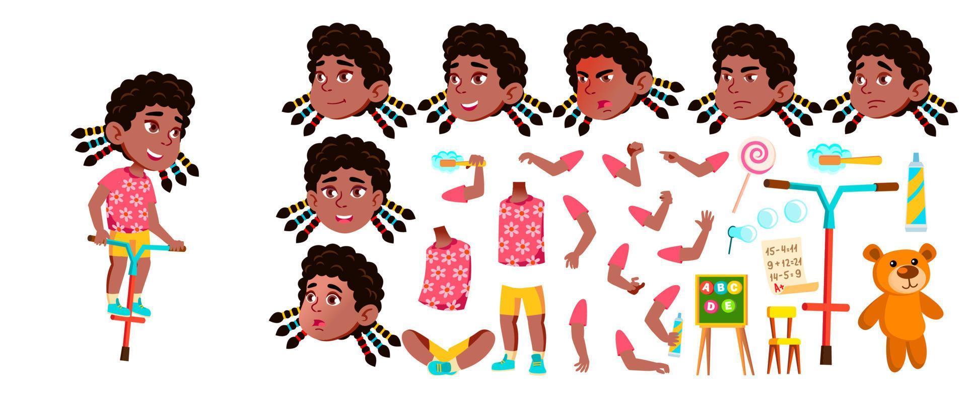 Girl Kindergarten Kid Vector. Black. Afro American. Animation Creation Set. Face Emotions, Gestures. Active, Joy Preschooler Playing. For Postcard, Cover, Placard Design. Animated. Illustration vector
