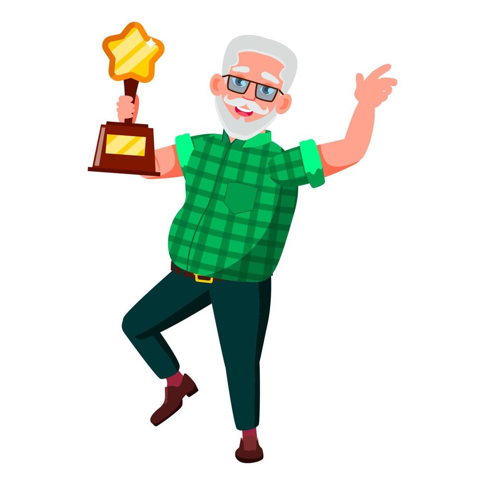 Old Man Winning Trophy Cup In Competition Vector