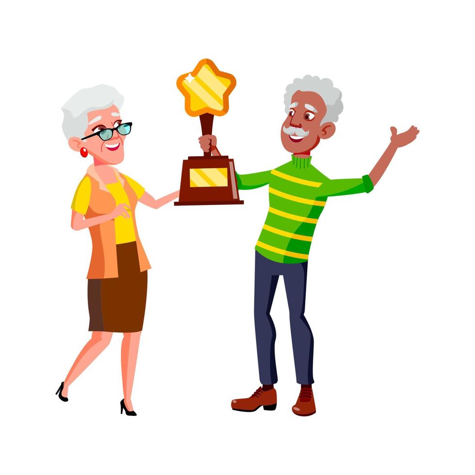 Old Man And Woman Couple Won Trophy Award Vector