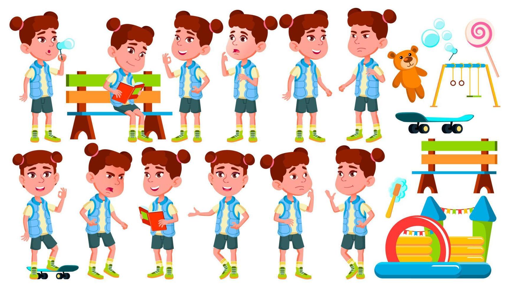 Girl Kindergarten Kid Poses Set Vector. Happy Children Character. Babysitting. For Advertisement, Greeting, Announcement Design. Isolated Cartoon Illustration vector