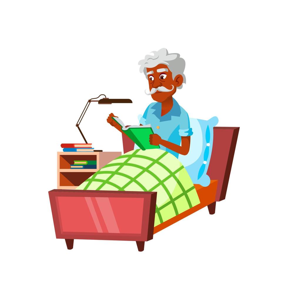 Old Man Reading Book In Bedroom Bedtime Vector