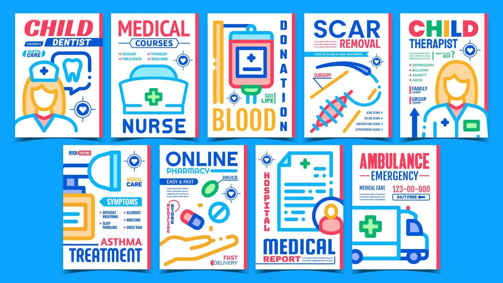 Medical Treatment Advertising Posters Set Vector