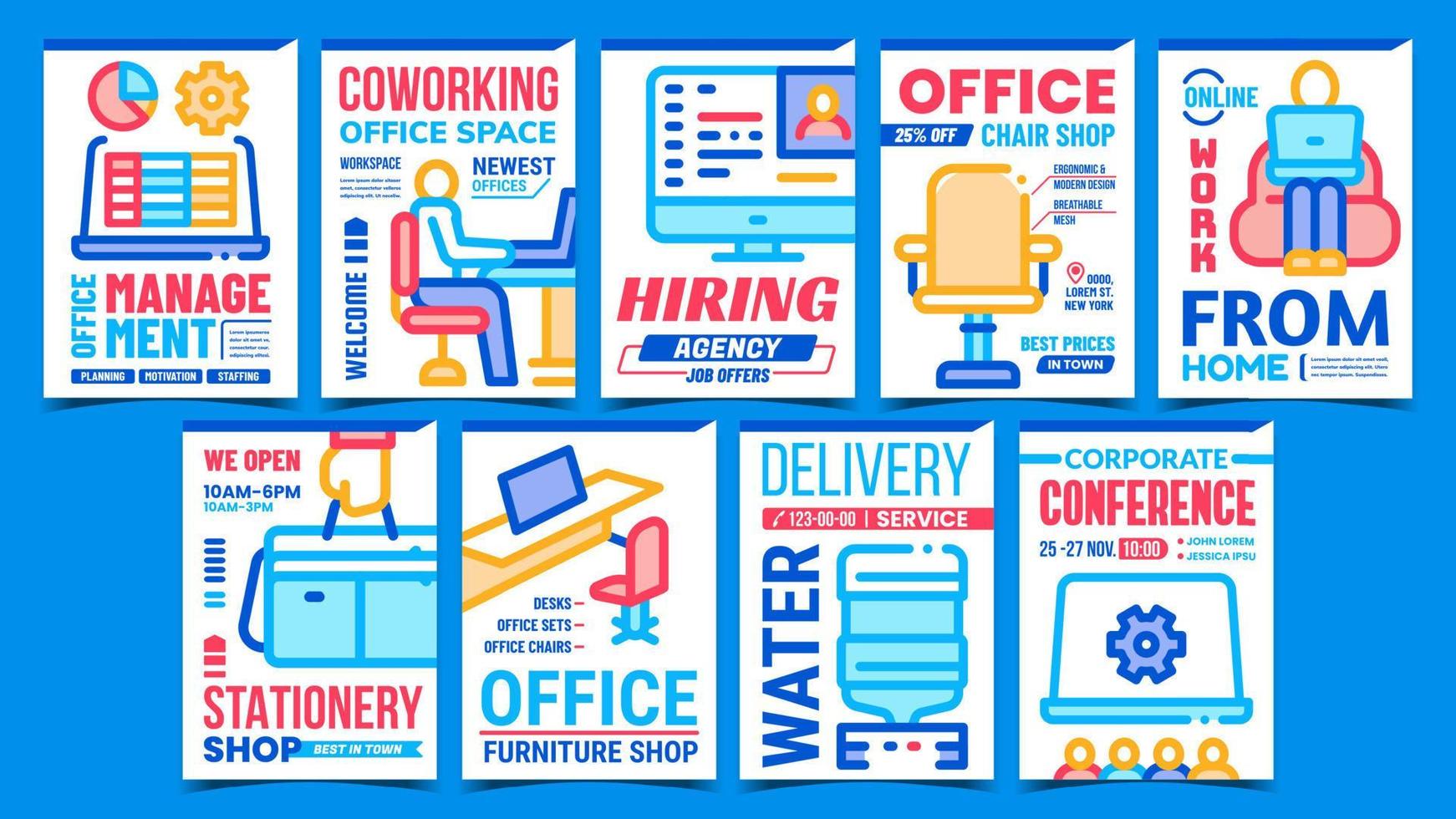Office Working Process Promo Posters Set Vector