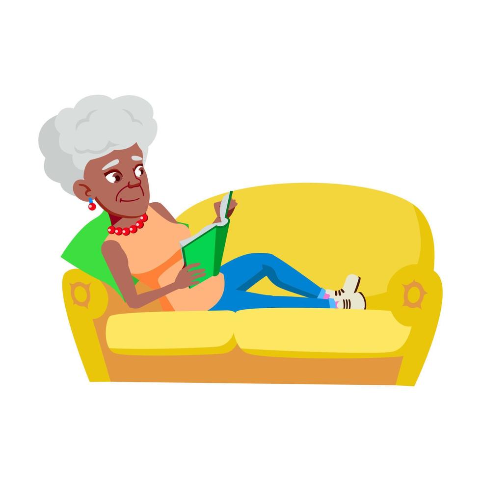 Old Woman Laying On Couch And Reading Book Vector
