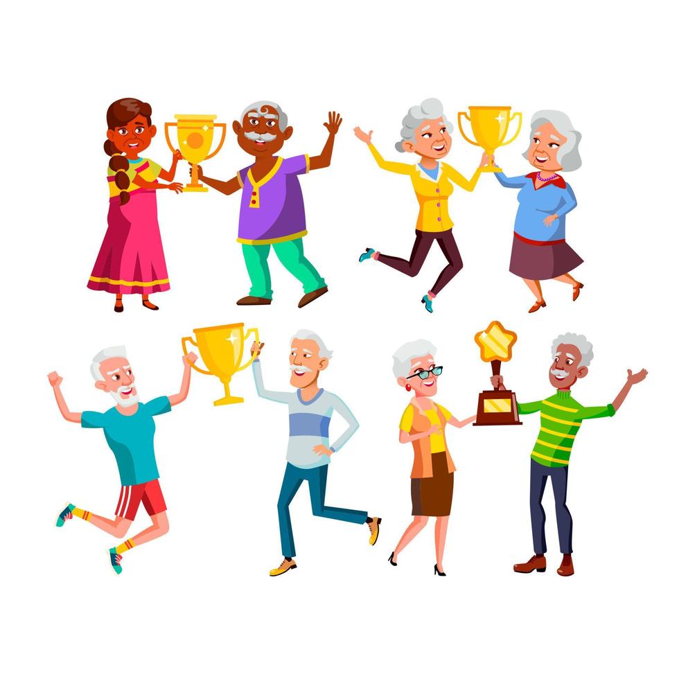 Old Men And Women Holding Trophy Cup Set Vector