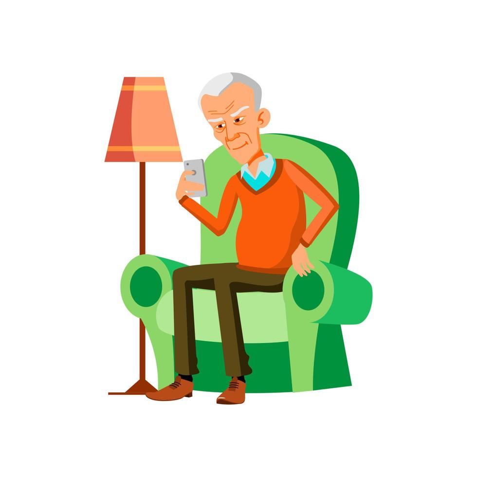 Old Man Reading Sms On Mobile Phone Screen Vector