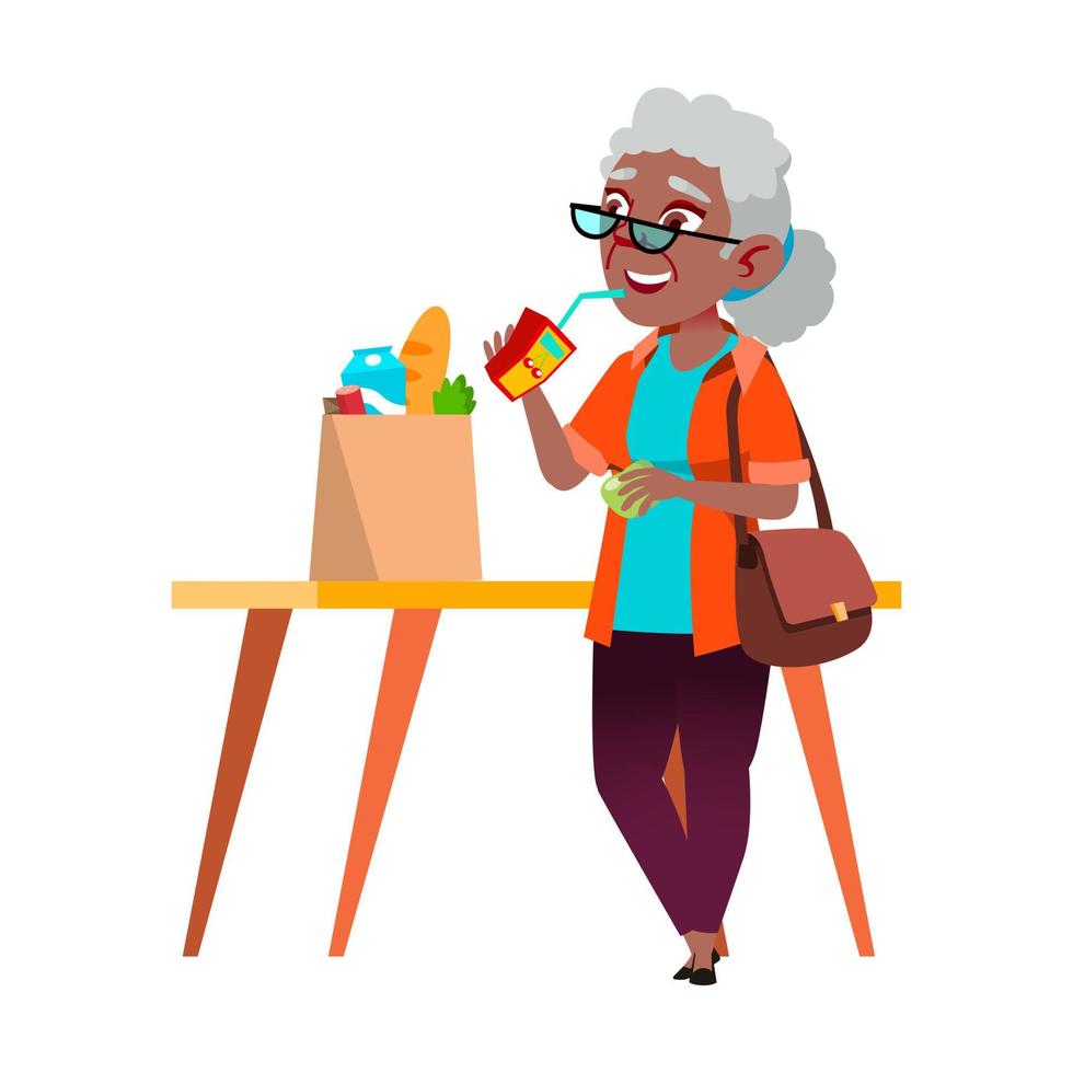 Old Woman Drinking Juice From Packaging Vector