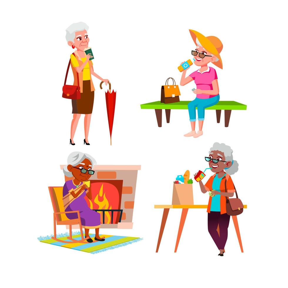 Old Women Hold Cup And Drinking Drink Set Vector