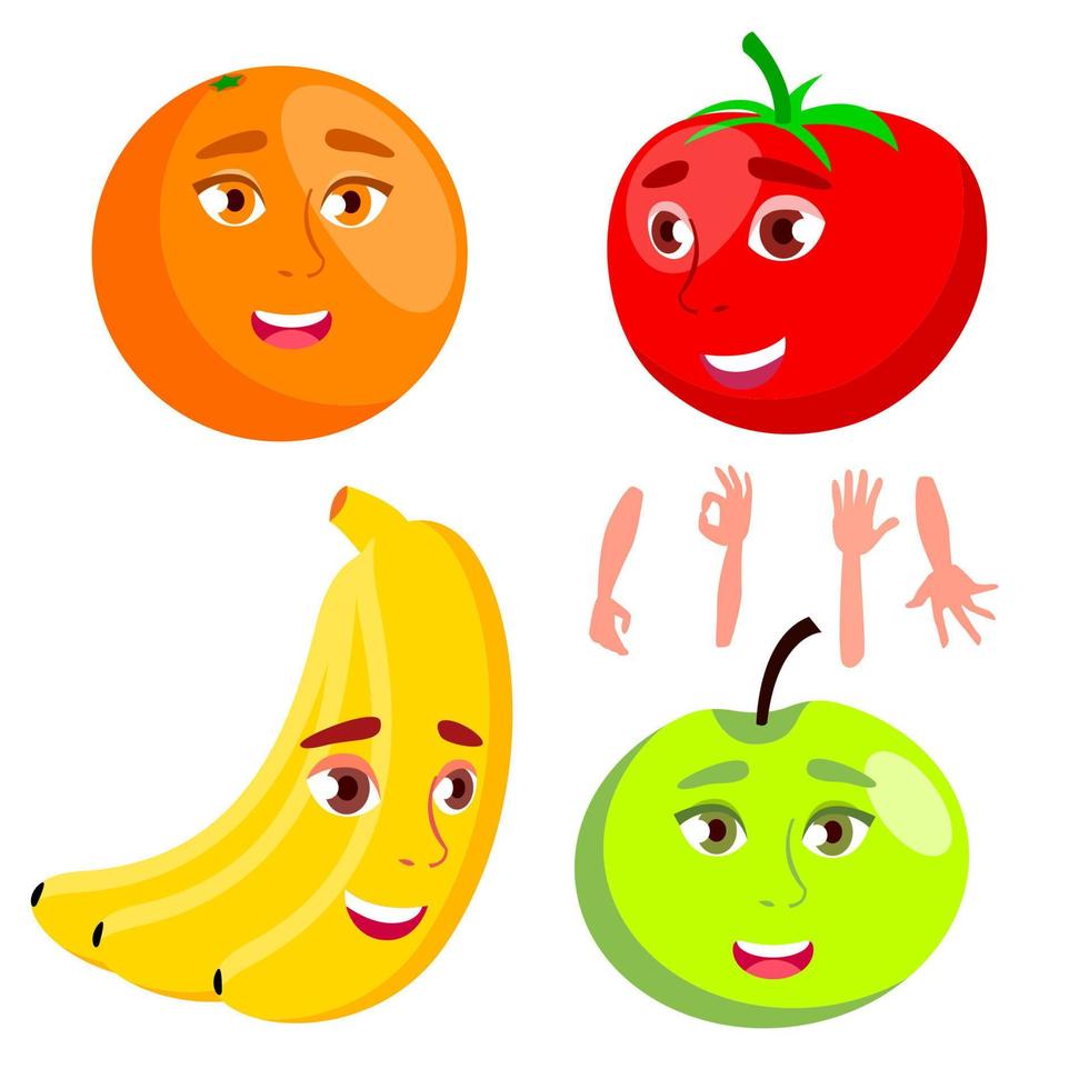 Smiling Orange, Tomato, Apple, Banana, Healthy Eating Concept Vector. Isolated Cartoon Illustration vector