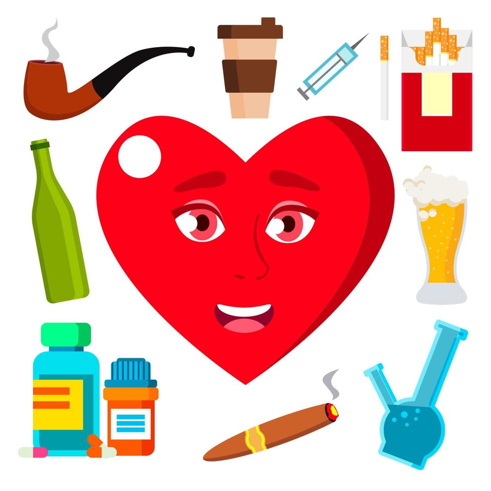 Health Concept, Heart Surrounded By Cigarettes, Alcohol, Medicine And Coffee Vector. Isolated Cartoon Illustration vector