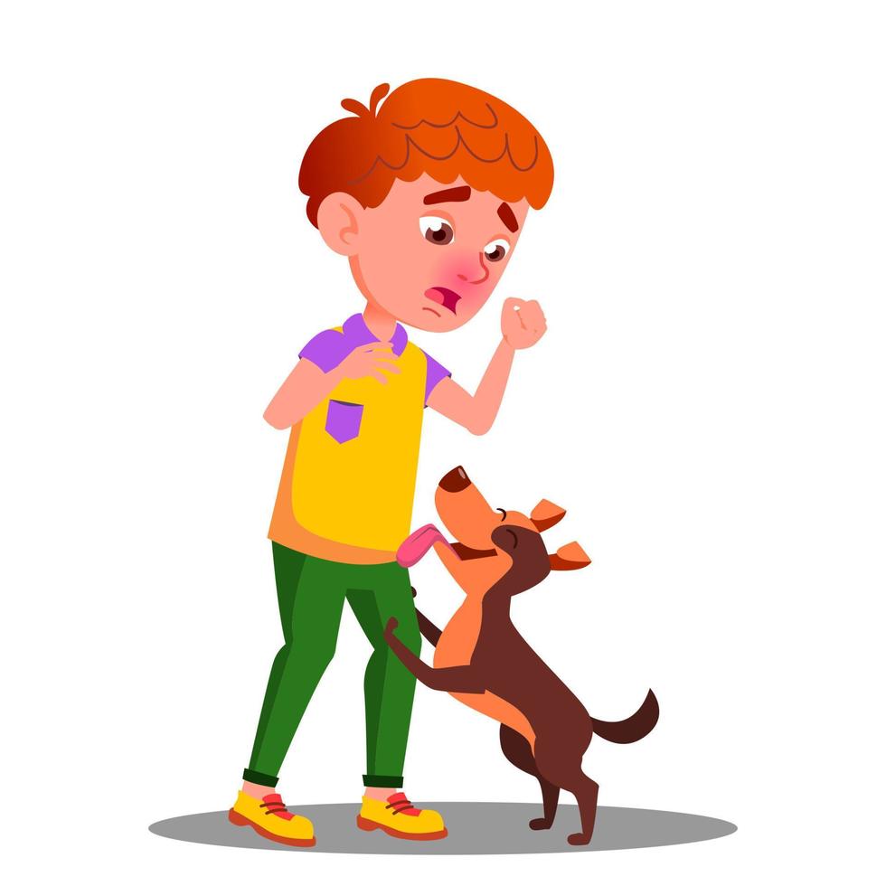 Allergic, Sneezing Boy With A Dog Vector. Isolated Cartoon Illustration vector