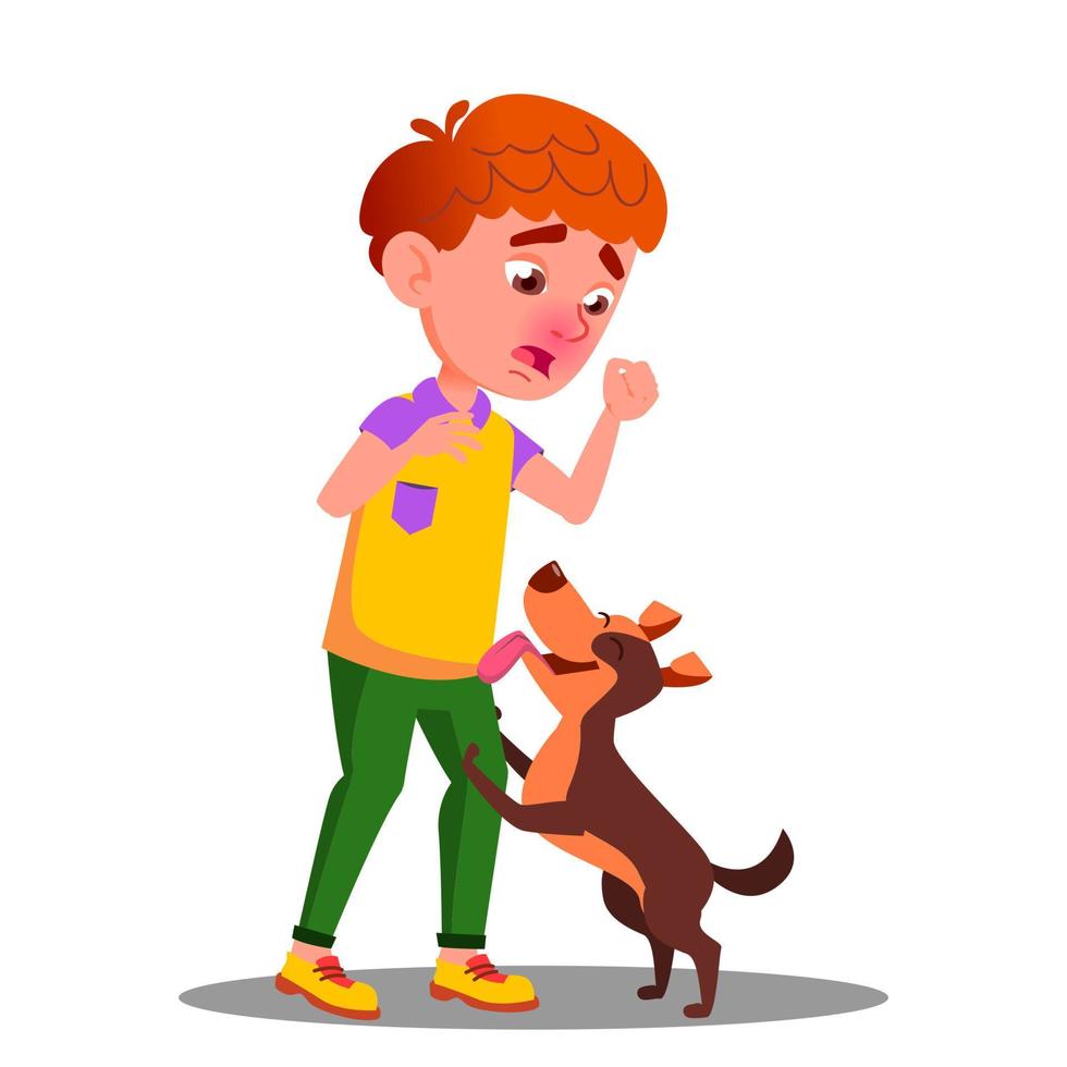 niño alérgico y estornudo con un vector de perro. ilustración de dibujos animados aislados