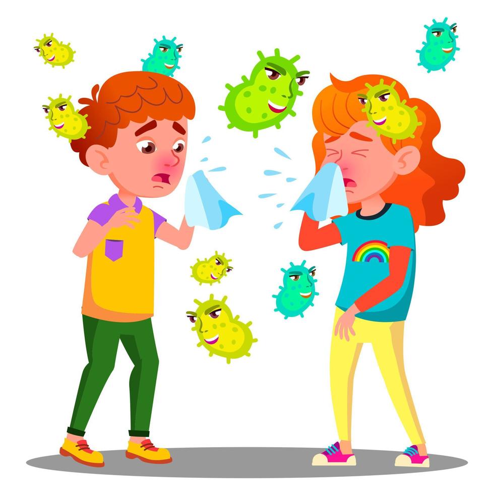 Sneezing Boy And Girl Surrounded By Flying Bacteria Vector. Isolated Cartoon Illustration vector