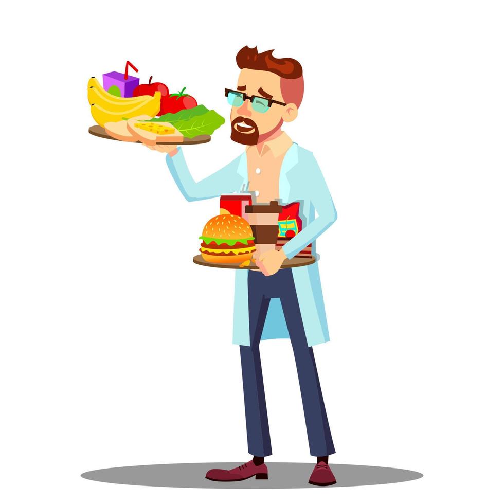 nutricionista con frutas y hamburguesas en las manos, vector de alimentos saludables y no saludables. ilustración de dibujos animados aislados