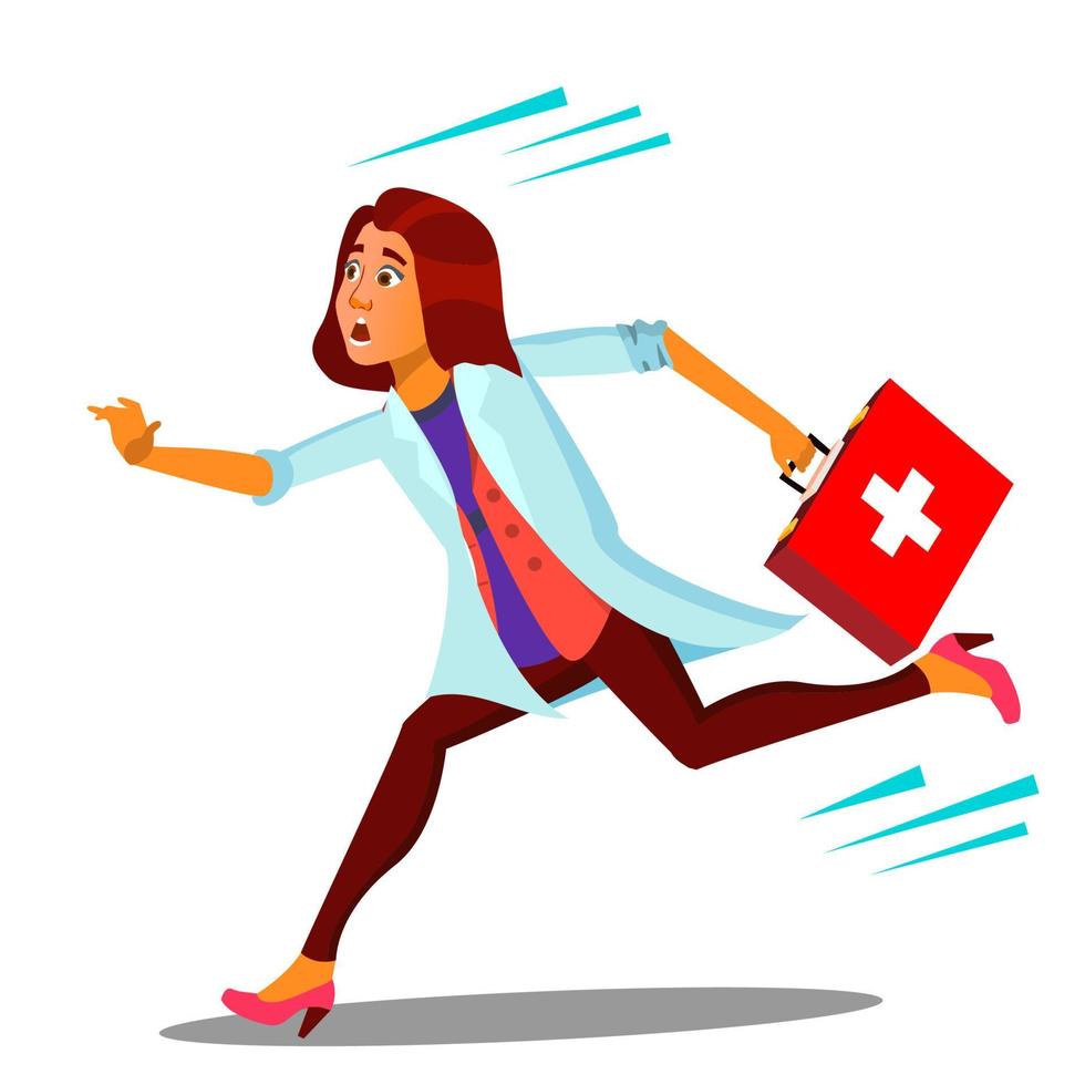Ambulance, Running Doctor Woman With First Aid Box Vector. Isolated Cartoon Illustration vector