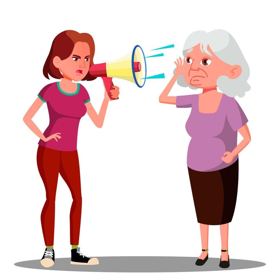 Girl Screaming To Hearing Impaired Elderly Woman Vector. Isolated Cartoon Illustration vector