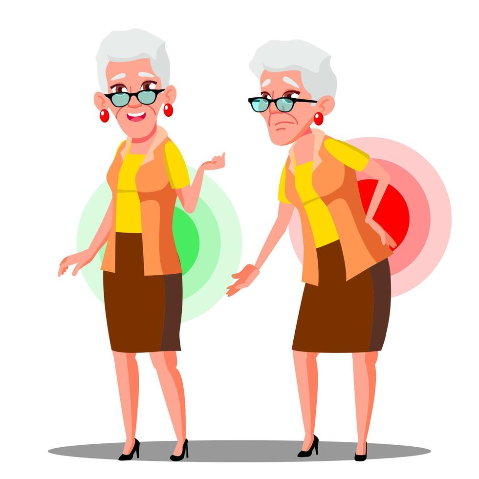 Bent Over Old Woman From Back Ache, Sciatica Vector. Isolated Cartoon Illustration vector