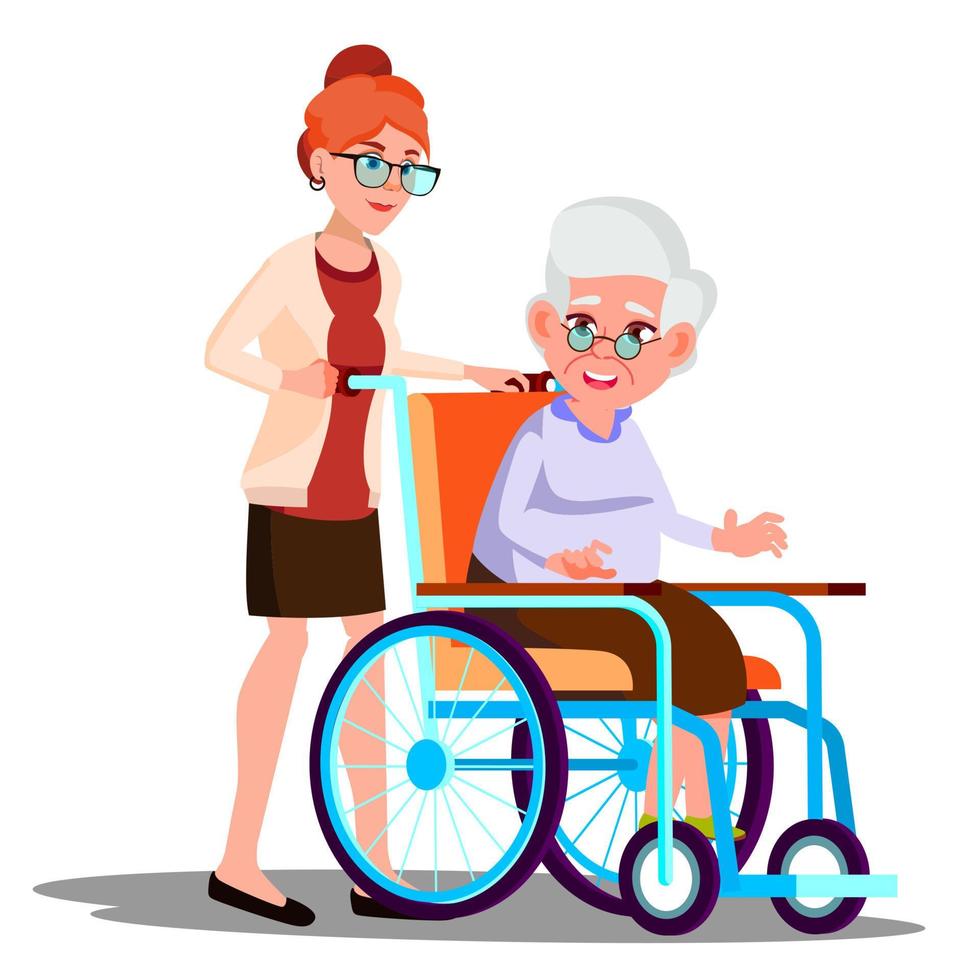 Nurse Carrying A Disabled Old Woman In Wheelchair Vector. Isolated Cartoon Illustration vector