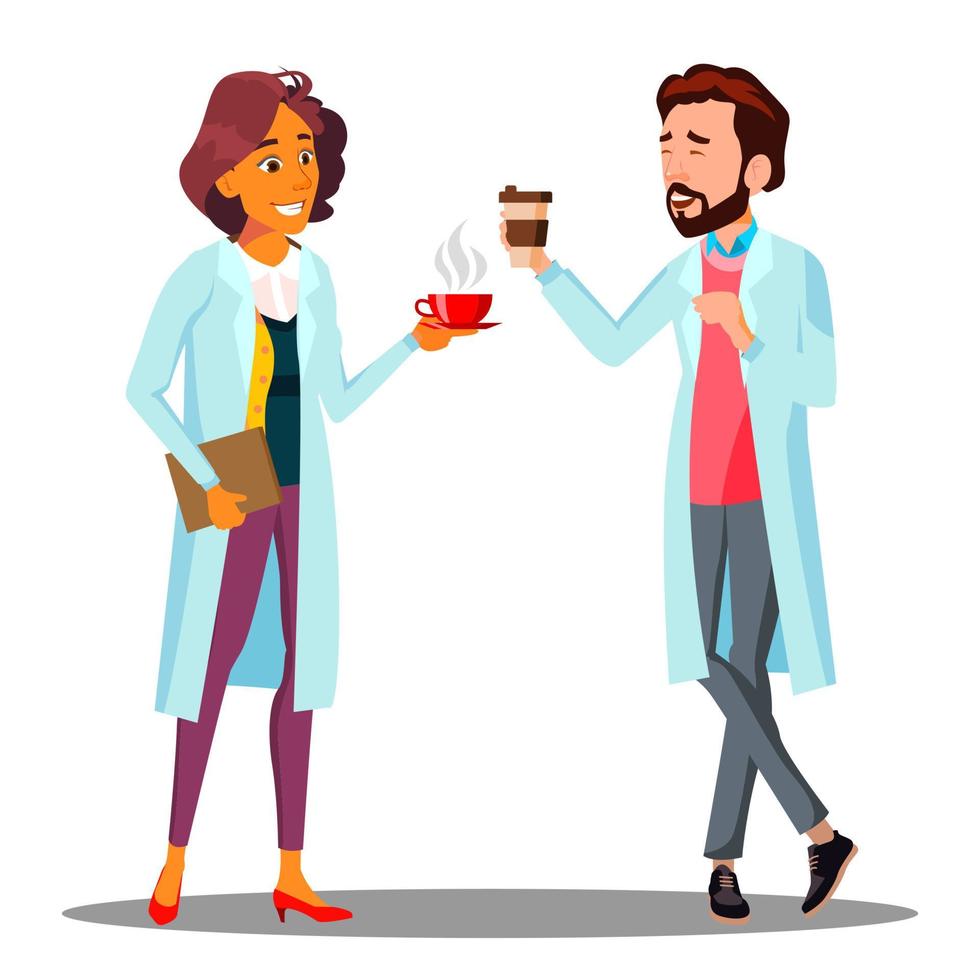 doctor hombre, mujer sosteniendo un vaso de café en la mano, vector de pausa para el café. ilustración de dibujos animados aislados