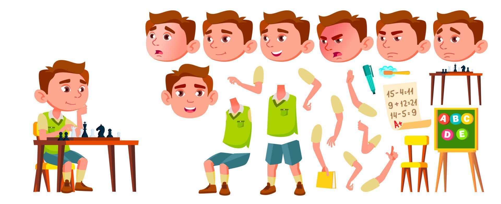 Boy Kindergarten Kid Vector. Animation Creation Set. Face Emotions, Gestures. Caucasian Child Expression. Activity. For Web, Poster, Booklet Design. Animated. Isolated Cartoon Illustration vector