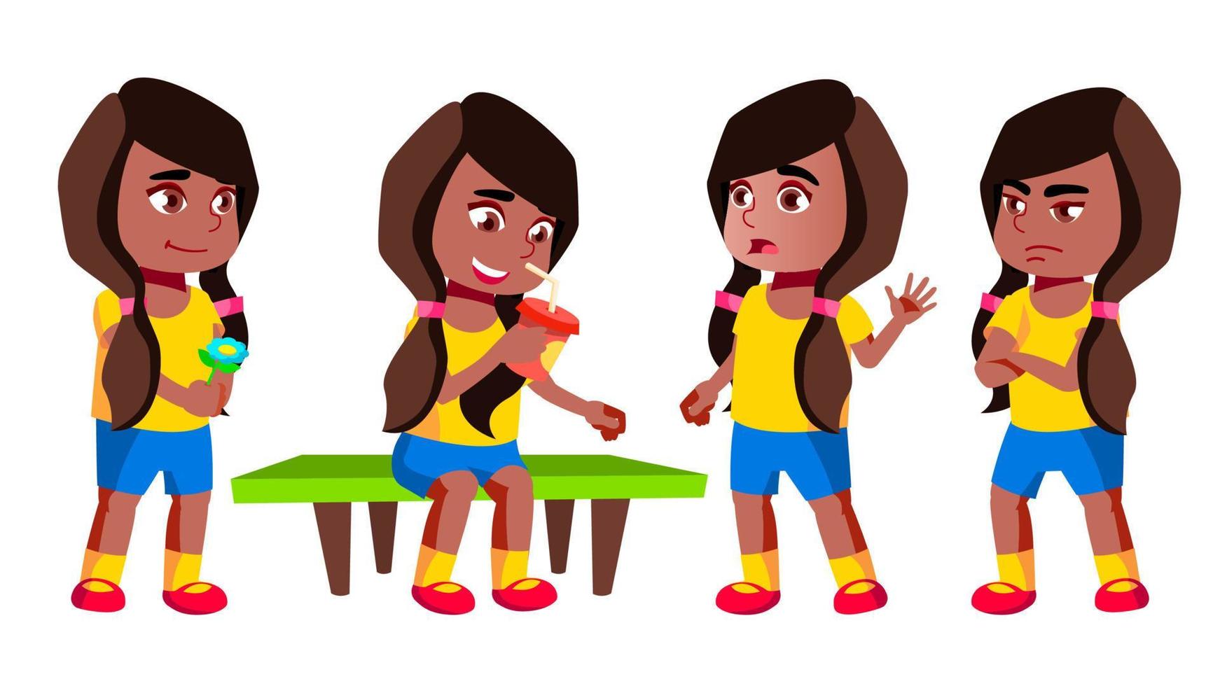 niña jardín de infantes poses set vector. negro. afroamericano. preescolar, infancia. sonrisa. juguetes para web, afiche, diseño de folletos. ilustración de dibujos animados aislados vector