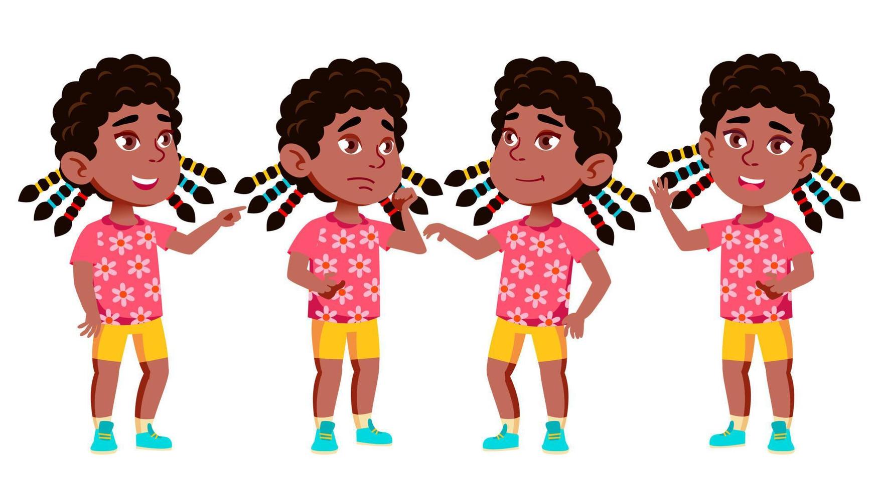 niña jardín de infantes poses set vector. negro. afroamericano. niño en edad preescolar activo y alegre jugando. para presentación, impresión, diseño de invitación. ilustración de dibujos animados aislados vector