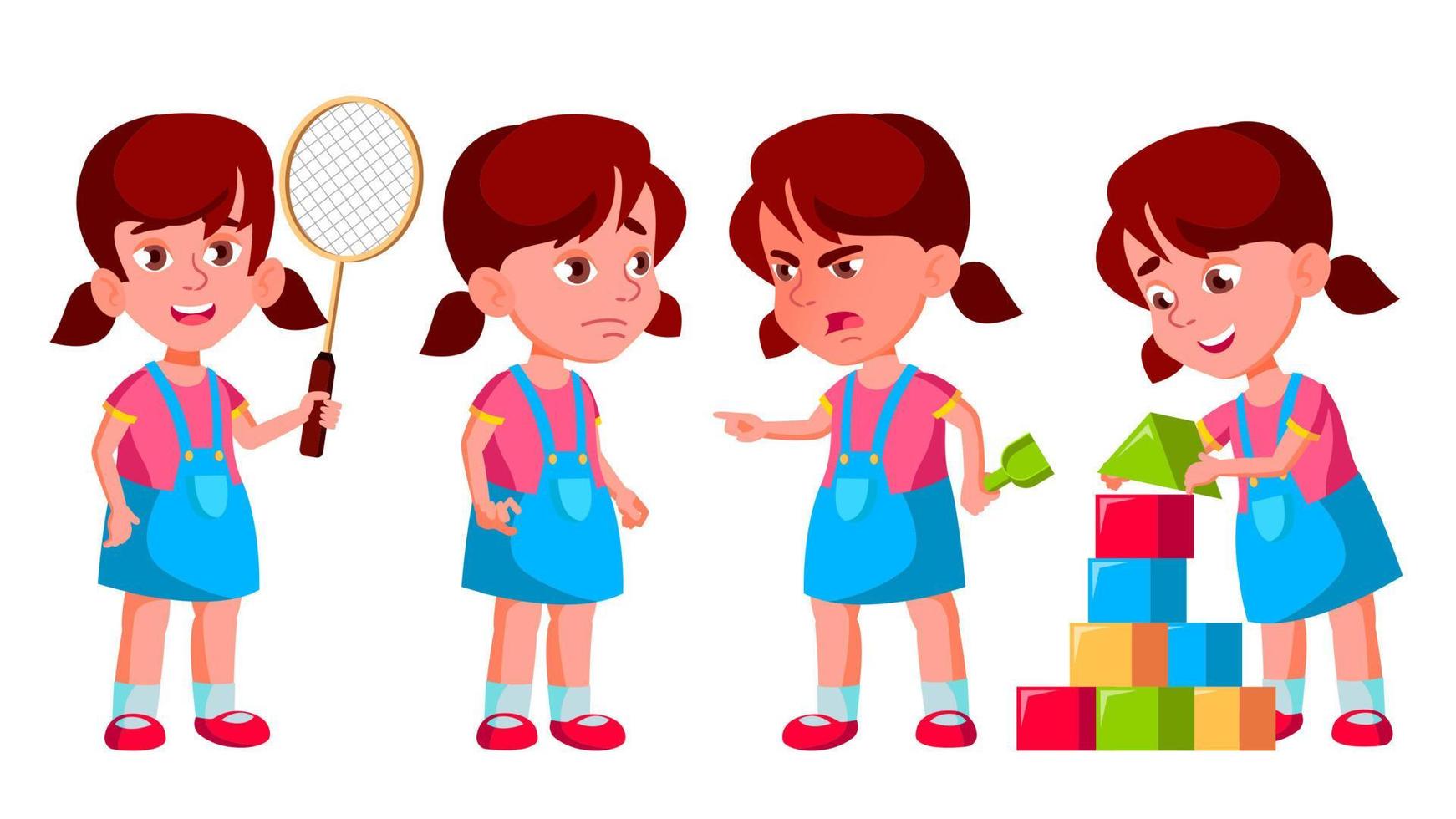 Girl Kindergarten Kid Poses Set Vector. Preschooler Playing. Friendship. For Web, Poster, Booklet Design. Isolated Cartoon Illustration vector