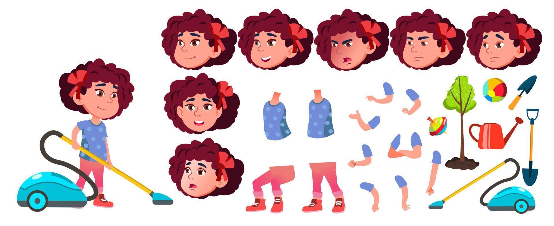 Girl Kindergarten Kid Vector. Animation Creation Set. Face Emotions, Gestures. Happy Beautiful Children Character. For Postcard, Announcement, Cover Design. Animated. Isolated Cartoon Illustration vector