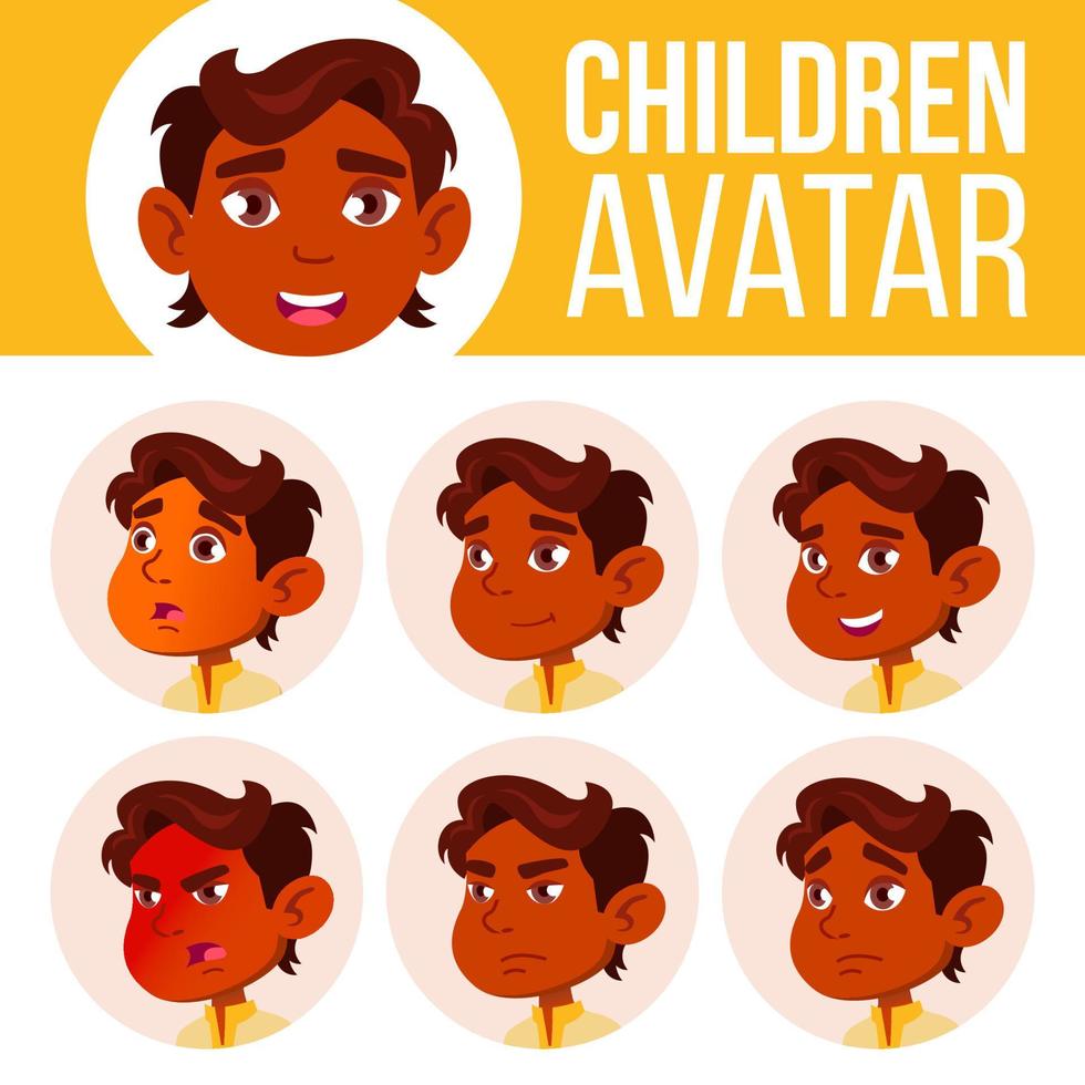Indian Boy Avatar Set Kid Vector. Kindergarten. Face Emotions. Cartoon, Comic, Flat. Happiness Enjoyment, Small. Leaflet, Booklet. Cartoon Head Illustration vector