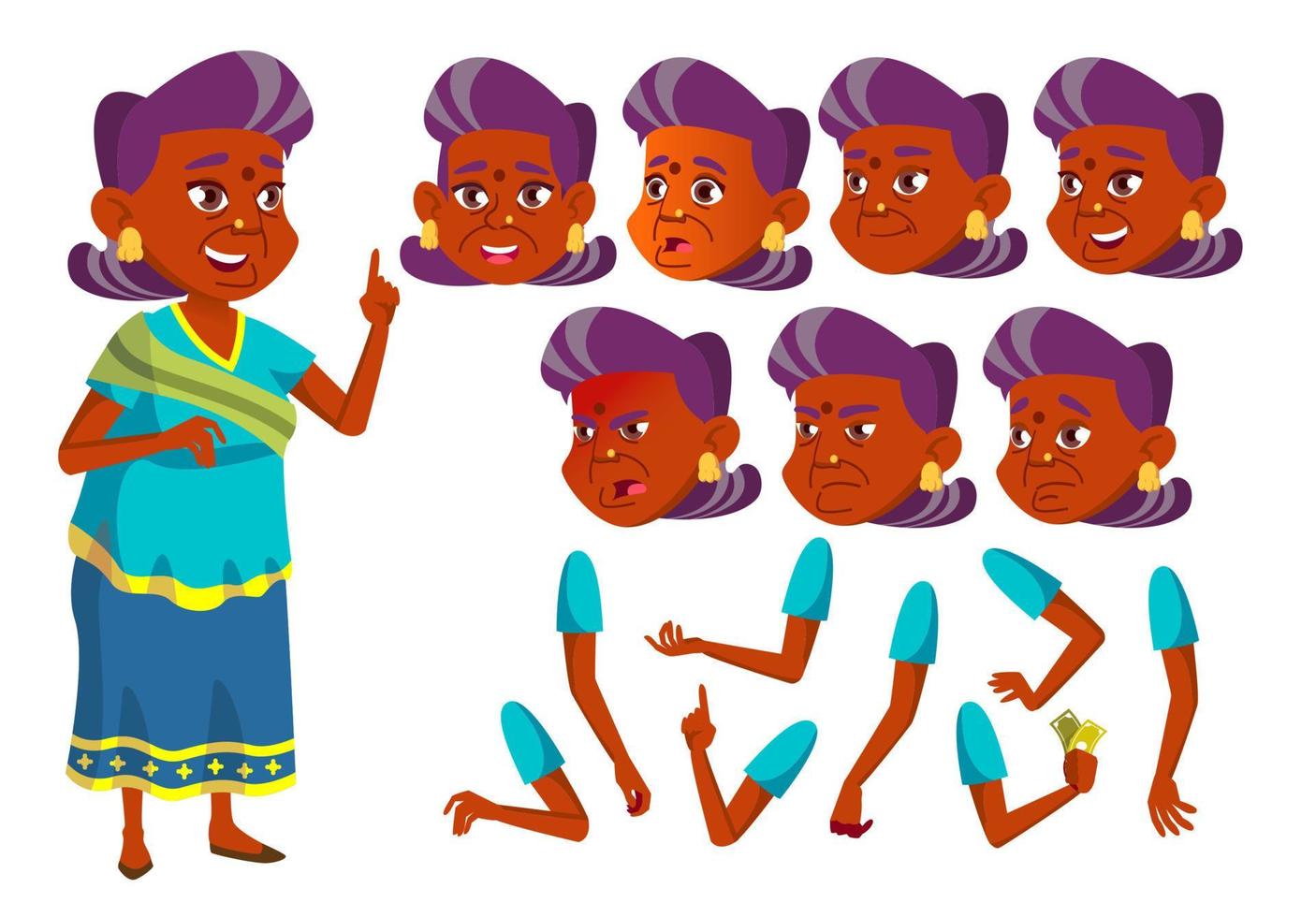 vector de anciana india. hindú. asiático. persona mayor ancianos, ancianos. emocional, pose. enfrentar emociones, varios gestos. conjunto de creación de animación. ilustración de personaje de dibujos animados plano aislado