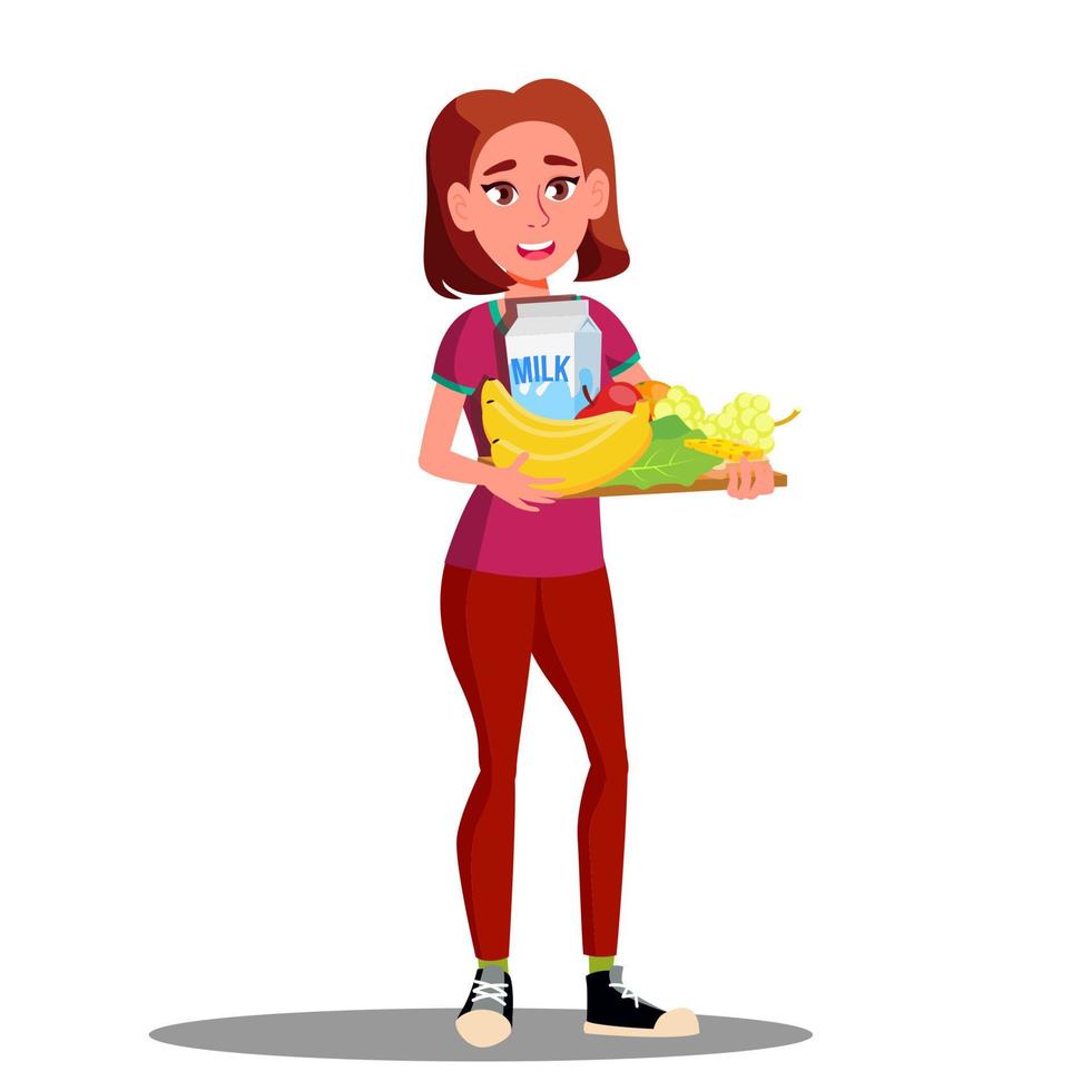 chica vegetariana feliz con plato de frutas, verduras y vector de leche. ilustración de dibujos animados aislados