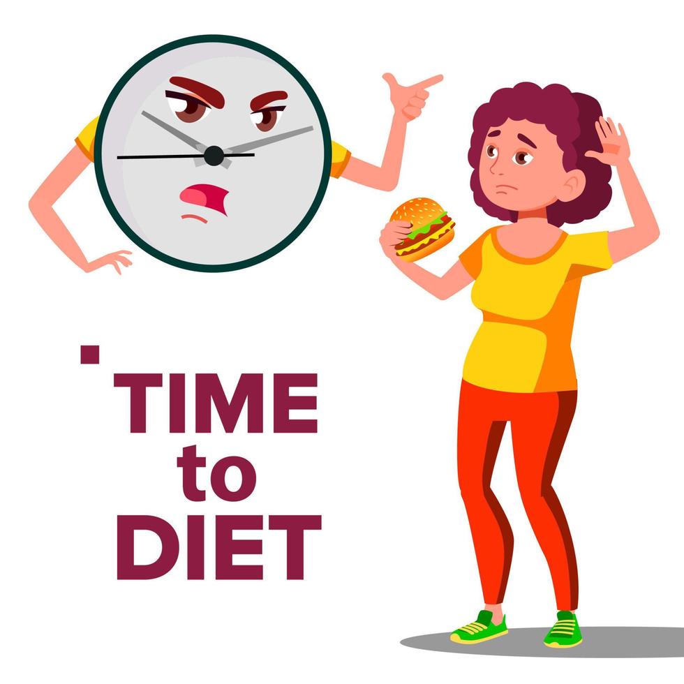 Time To Diet Concept, Wall Clock Screaming At Girl With Hamburger Vector. Isolated Cartoon Illustration vector