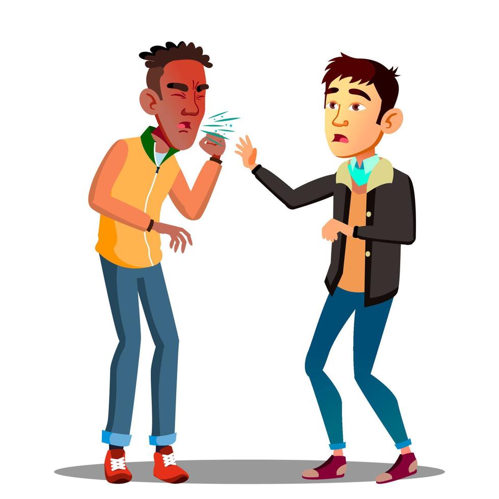 Bacteria Fly Out Of Man S Mouth Sneezing At A Scared Friend Vector. Isolated Cartoon Illustration vector