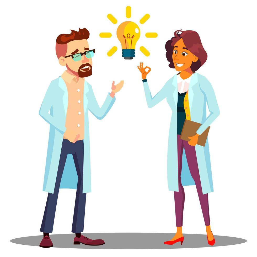 Doctor Man, Woman Found Answer, Solution, Idea. Light Bulb Above Head Vector. Isolated Cartoon Illustration vector