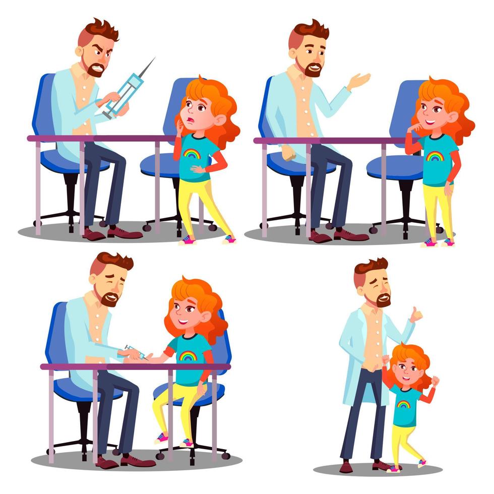 Pediatrician Vaccinating Scared Crying Child Girl Vector. Isolated Cartoon Illustration vector