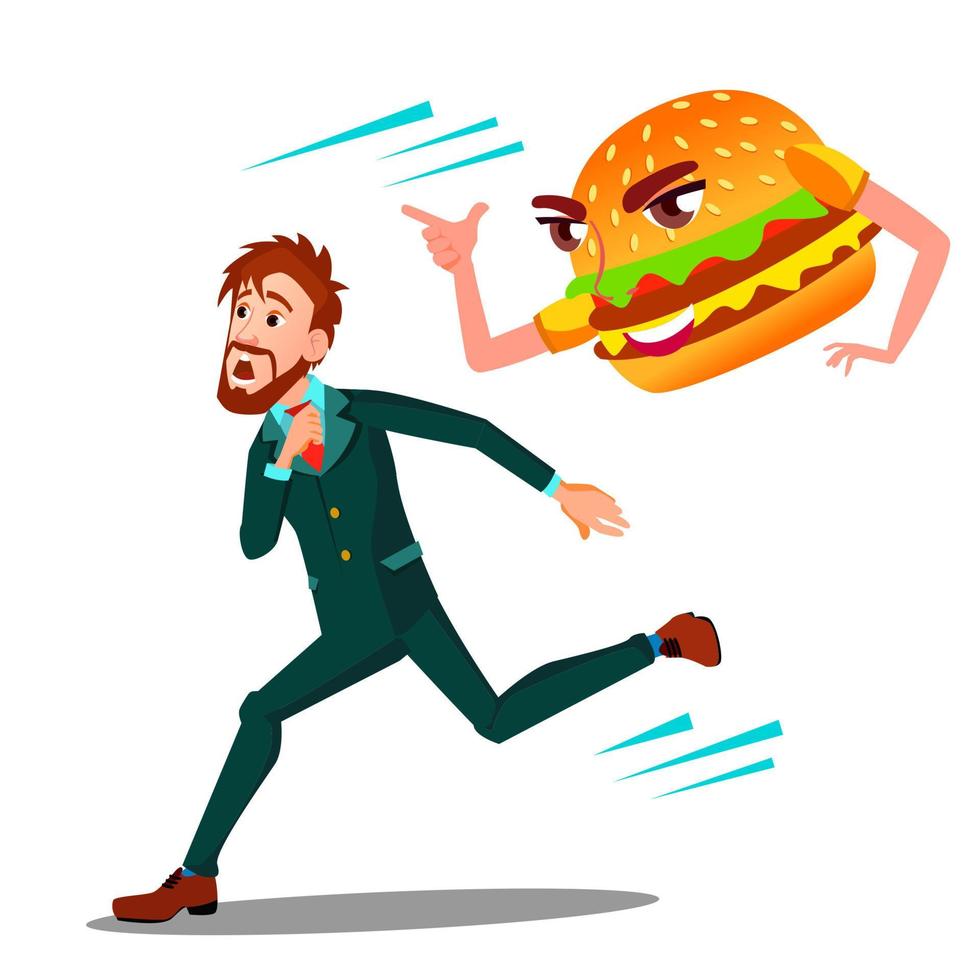 hombre asustado huyendo del vector de hamburguesa. ilustración de dibujos animados aislados