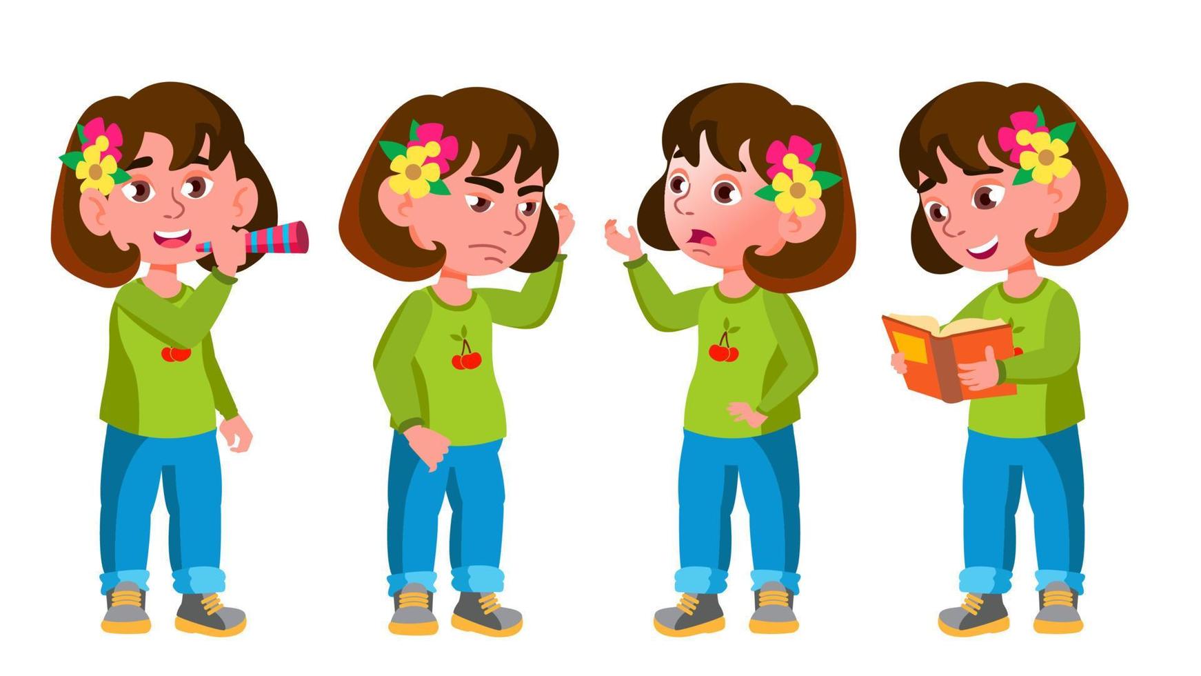 Girl Kindergarten Kid Poses Set Vector. Little Child. Having Fun. Motherhood. For Advertisement, Greeting, Announcement Design. Isolated Cartoon Illustration vector