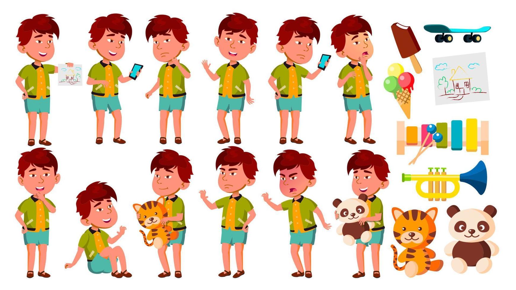 Asian Boy Kindergarten Kid Poses Set Vector. Active, Joy Preschooler Playing. For Presentation, Print, Invitation Design. Isolated Cartoon Illustration vector