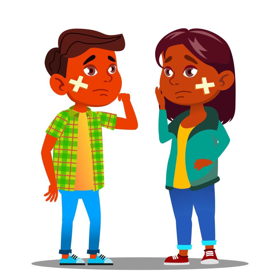 Sad Indian Child Girl, Boy With Cross With Scratch And Cross Medical Patch On Cheek Vector. Isolated Cartoon Illustration vector