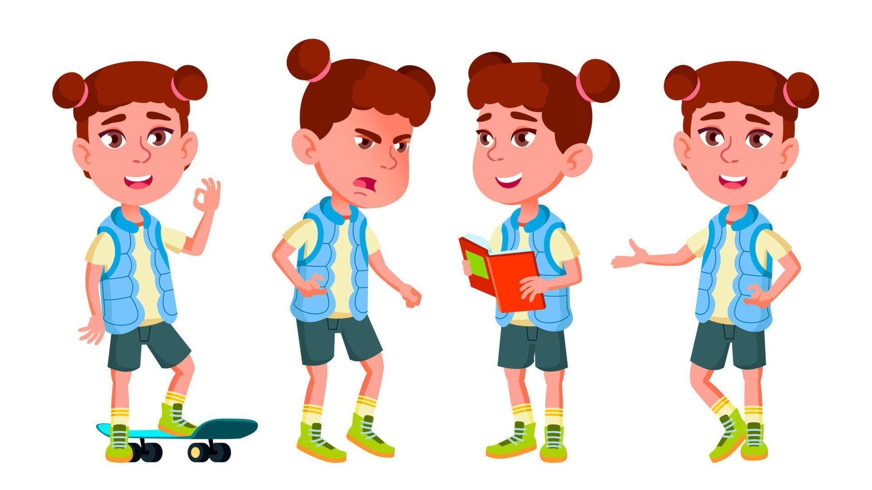 Girl Kindergarten Kid Poses Set Vector. Kiddy, Child Expression. Junior. For Postcard, Cover, Placard Design. Isolated Cartoon Illustration vector
