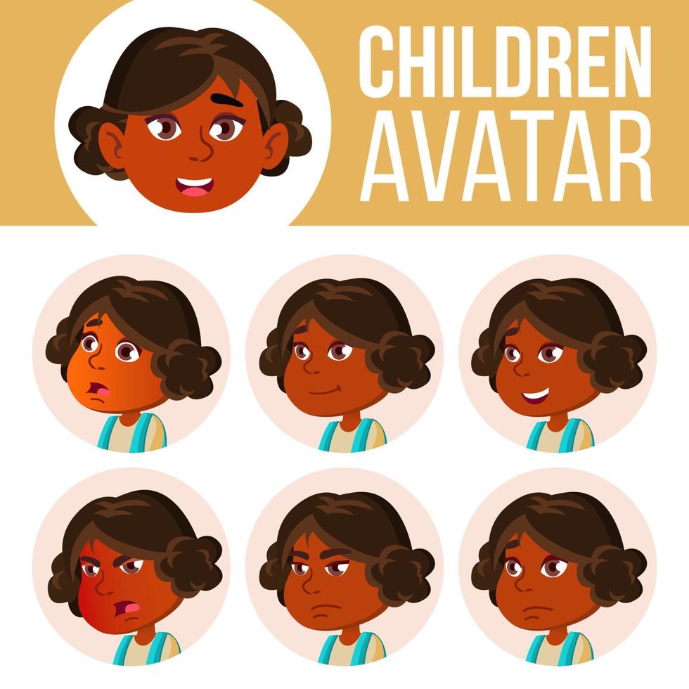 Indian Girl Avatar Set Kid Vector. Kindergarten. Hindu. Asian. Face Emotions. Emotional, Facial, People. Childish, Kindergartener. Layout, Advertising. Cartoon Head Illustration vector