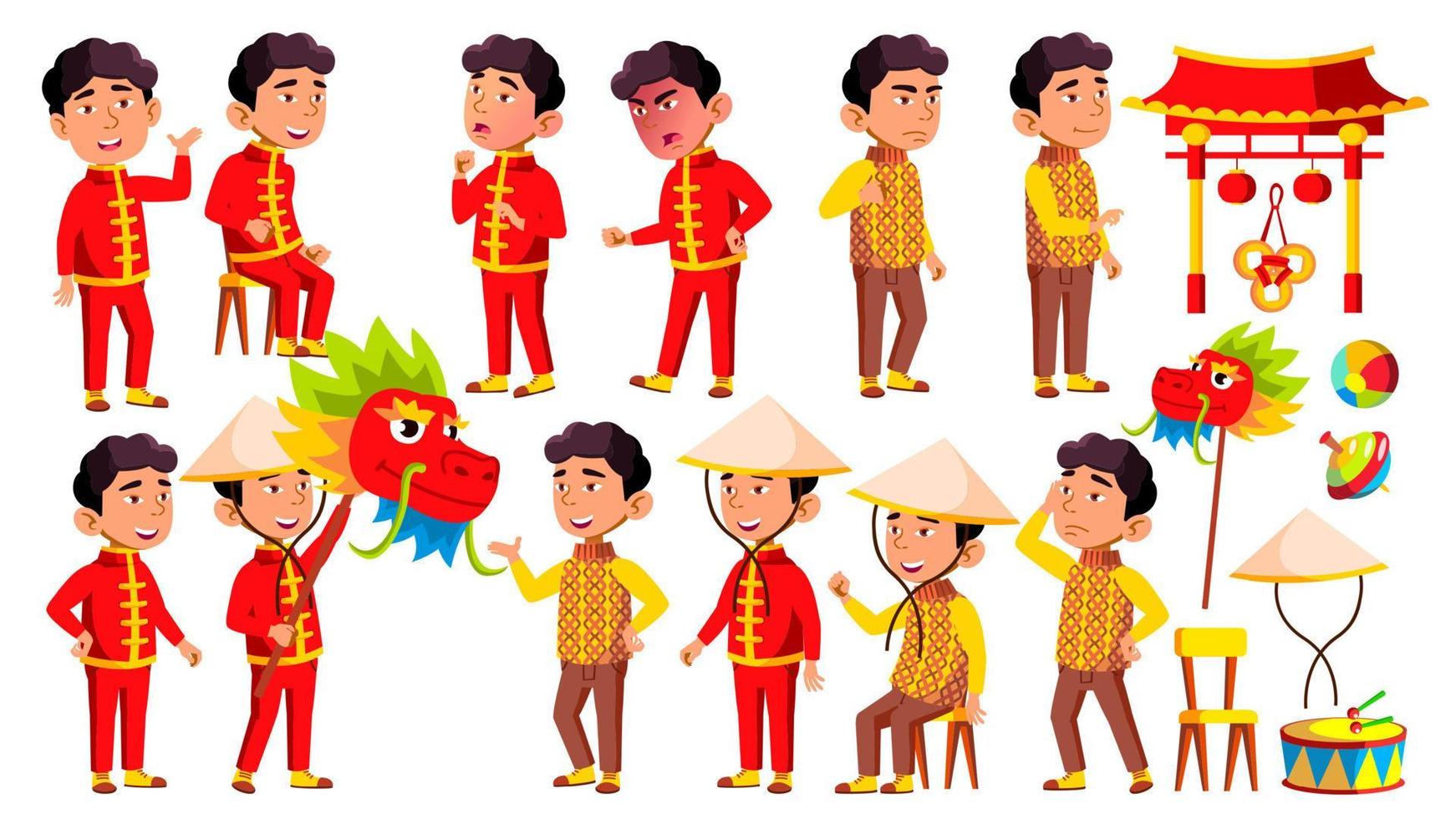 el niño asiático del jardín de infantes plantea el vector conjunto. fiesta, dragón. personaje de niños felices. cuidado de niños para publicidad, saludo, diseño de anuncios. ilustración de dibujos animados aislados