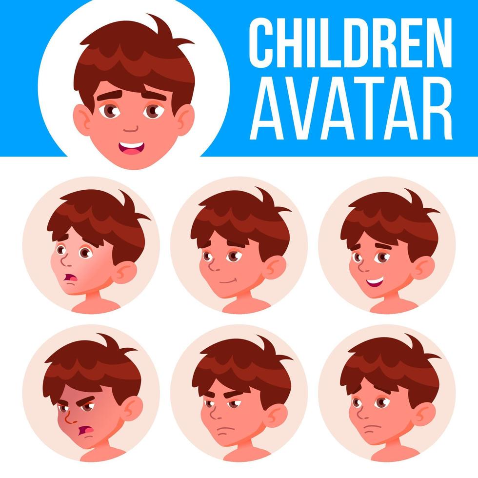 Boy Avatar Set Kid Vector. Kindergarten. Face Emotions. Portrait, User, Child. Junior, Pre-school, Kiddy. Colorful Design. Cartoon Head Illustration vector